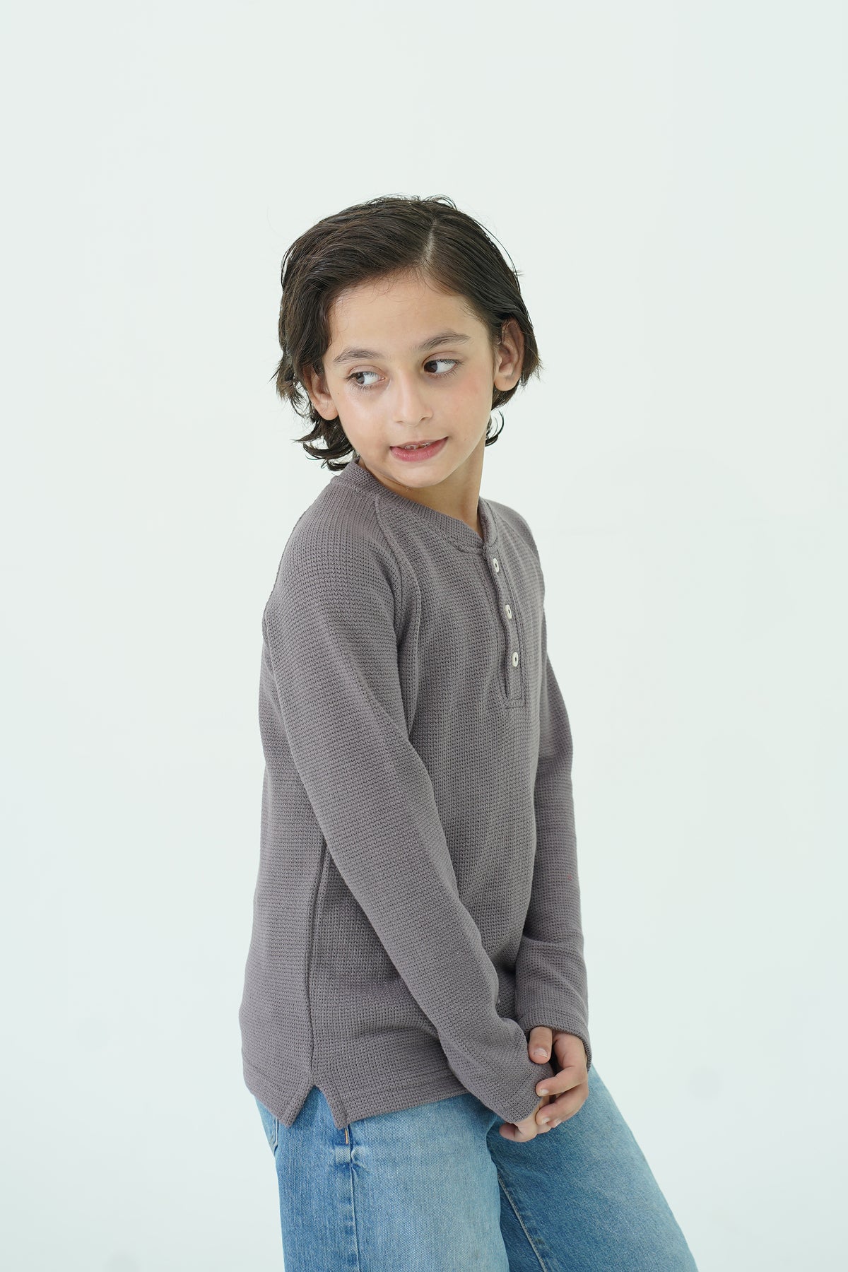 Henley Neck Waffle Tee - Charcoal Reality
