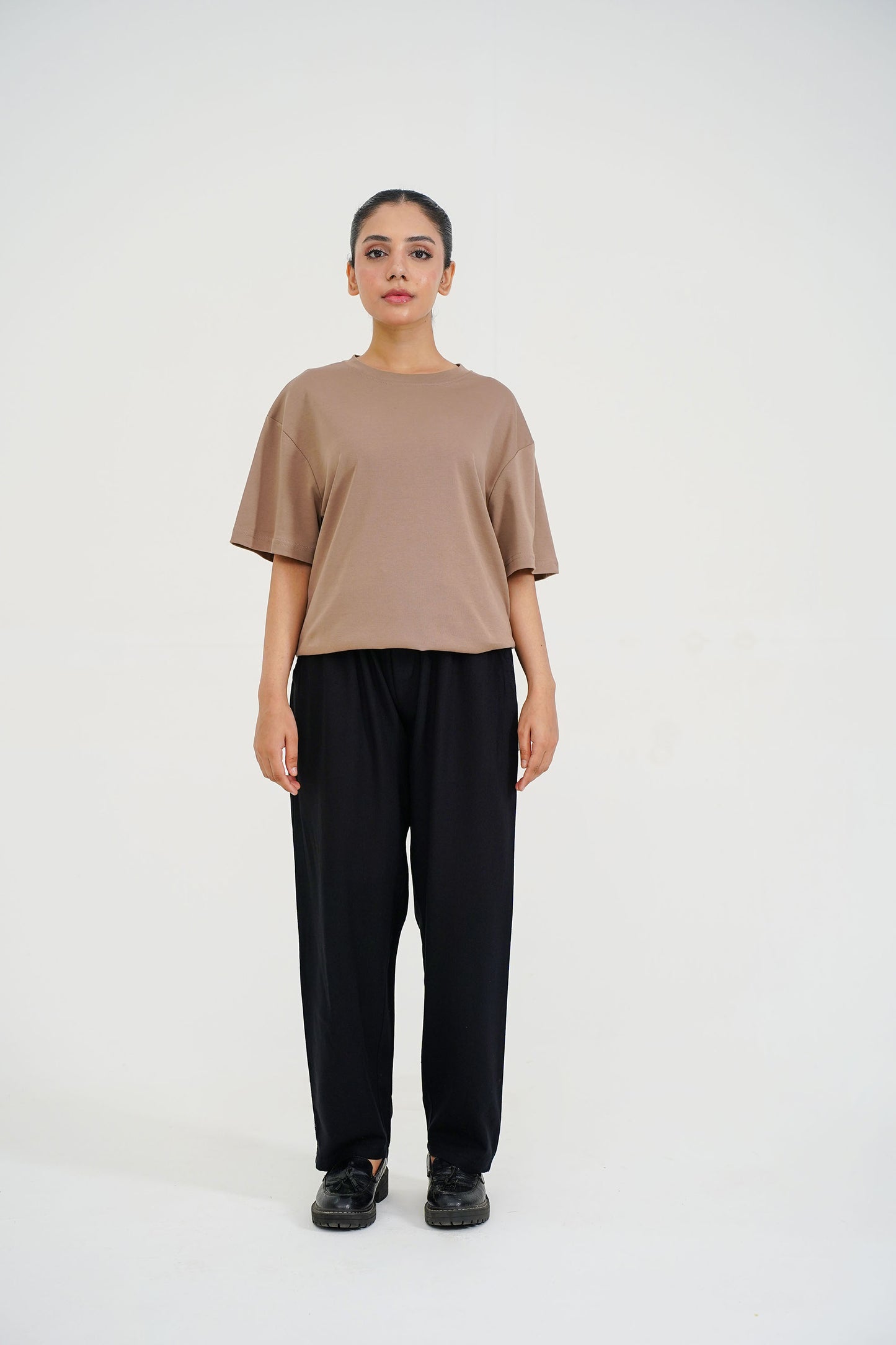 LADIES DOWN SHOULDER BROWN T-SHIRT
