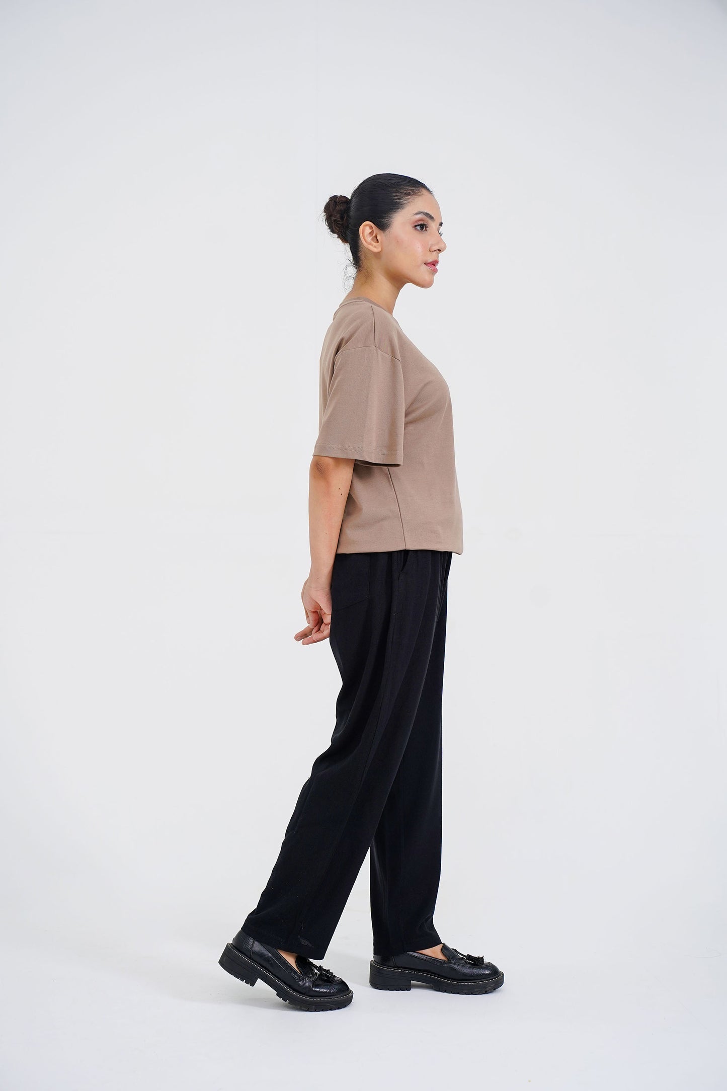 LADIES DOWN SHOULDER BROWN T-SHIRT