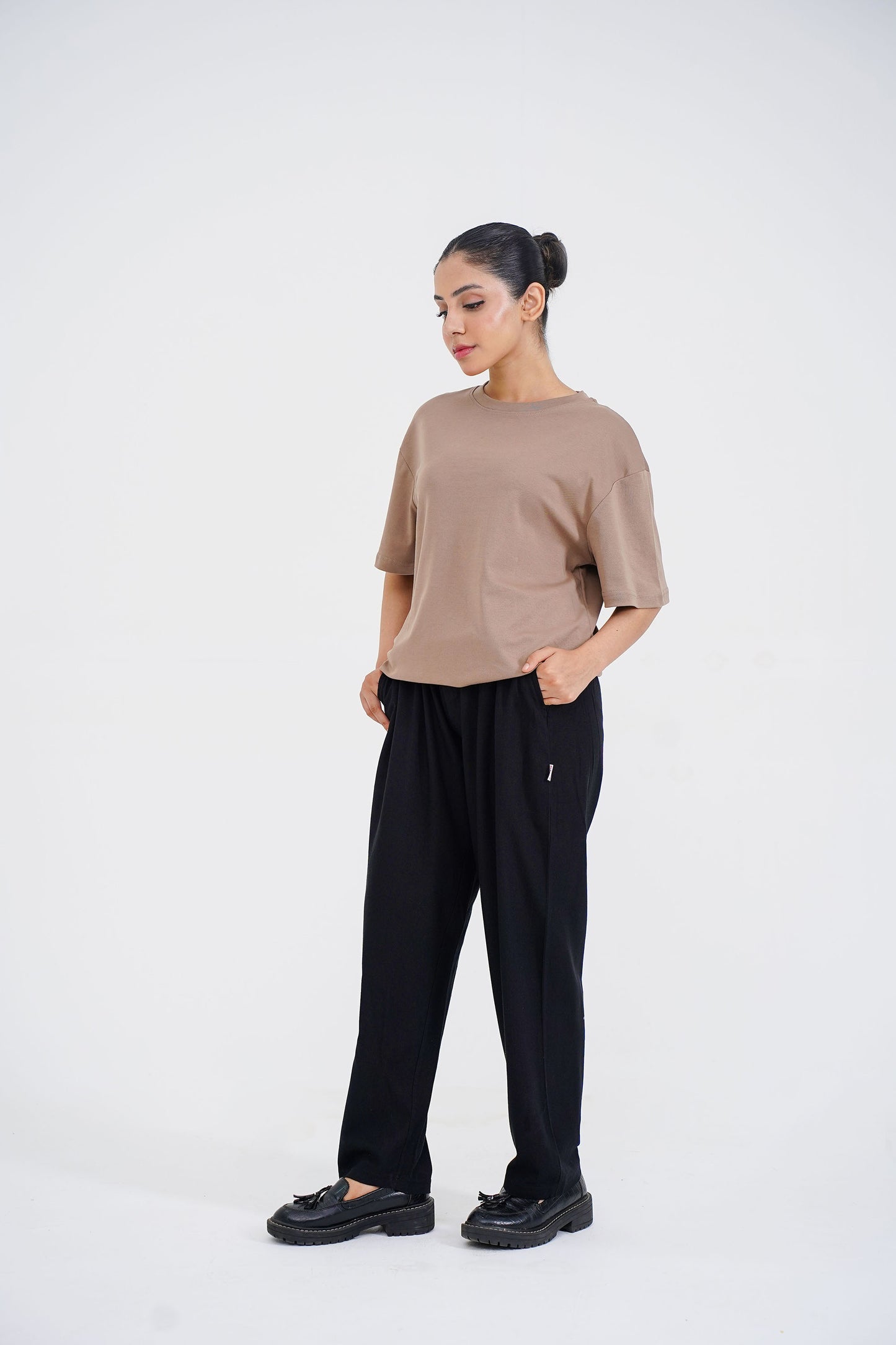 LADIES DOWN SHOULDER BROWN T-SHIRT