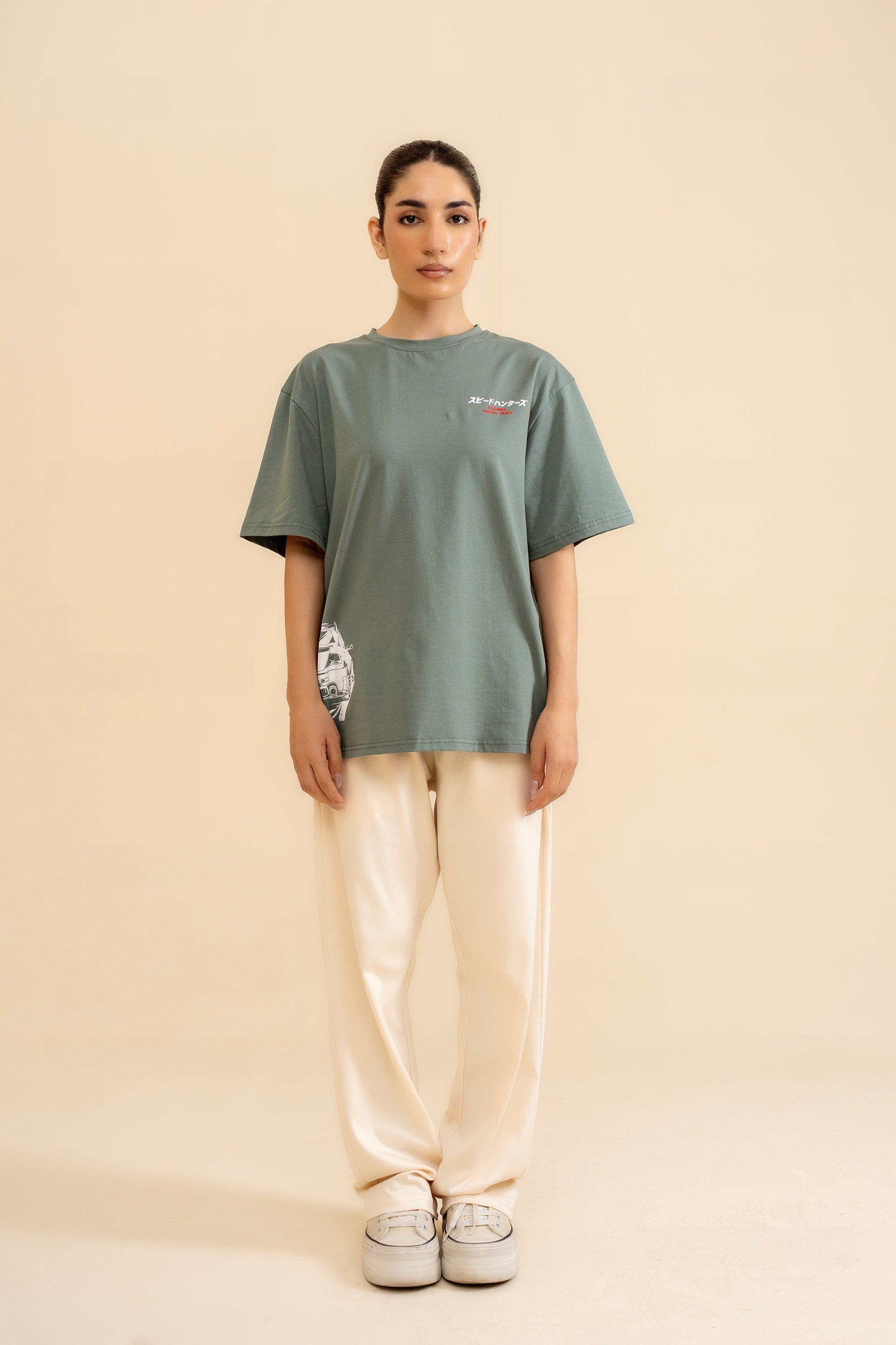 OLIVE LYCRA JERSEY MOTO GRAPHIC TEE Reality