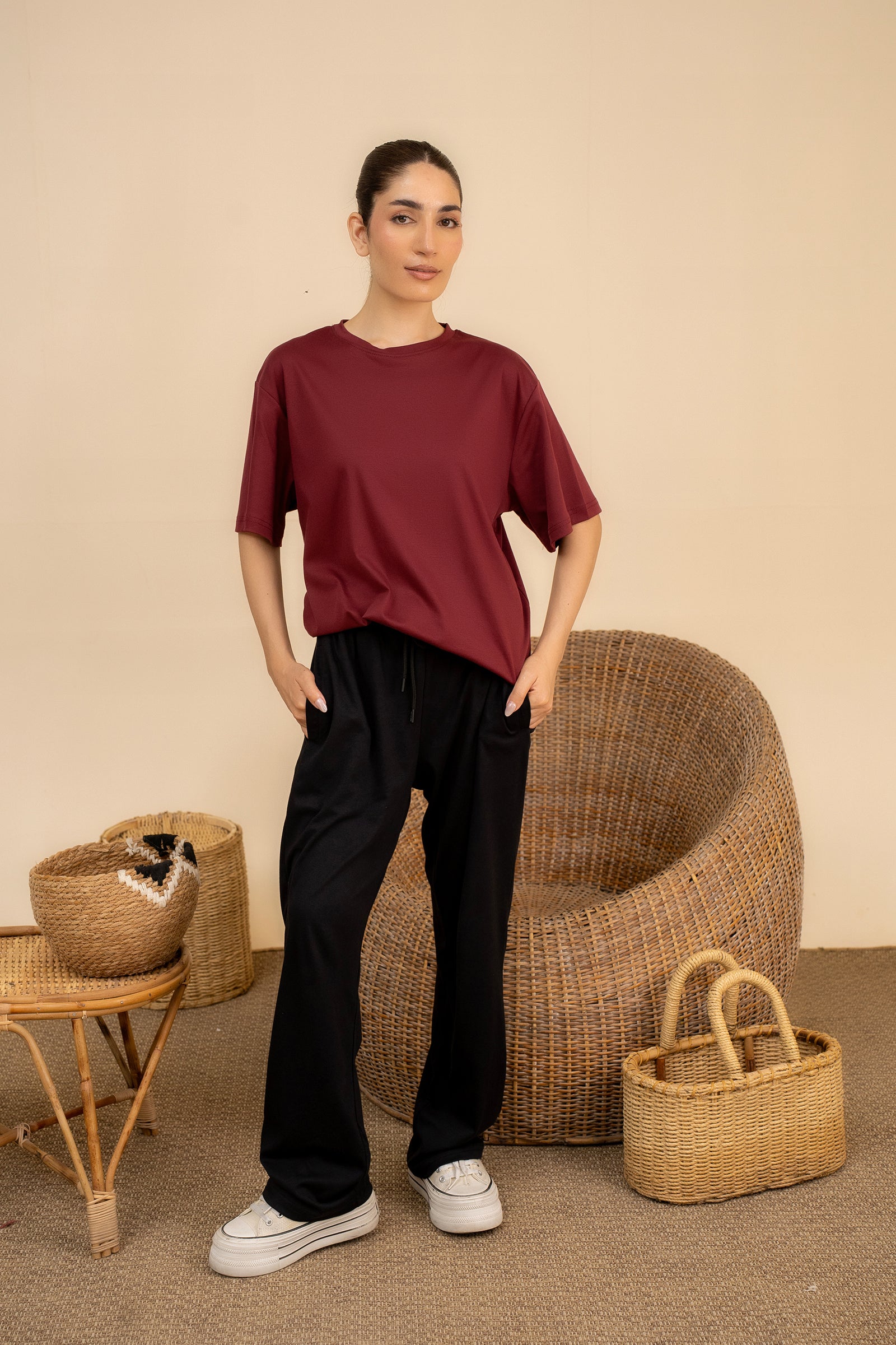 MEHROON INTERLOCK DOWN SHOULDER TEE Reality