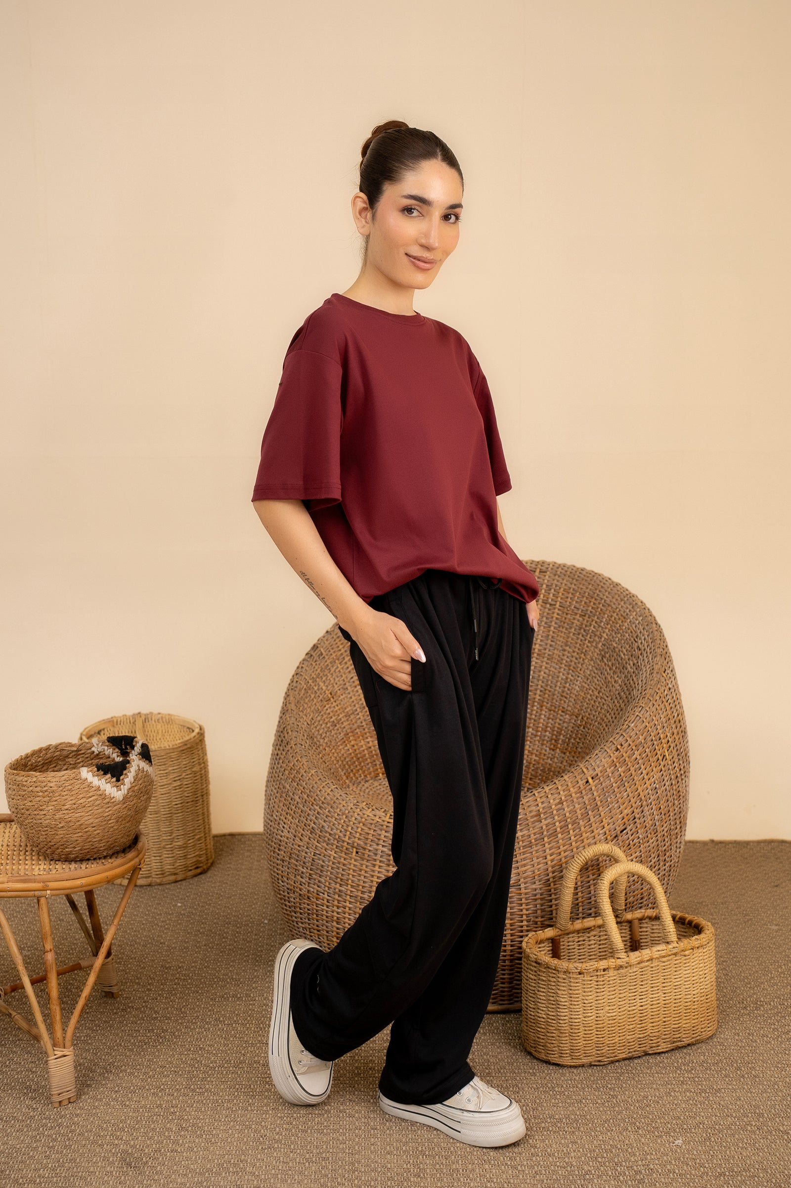 MEHROON INTERLOCK DOWN SHOULDER TEE Reality