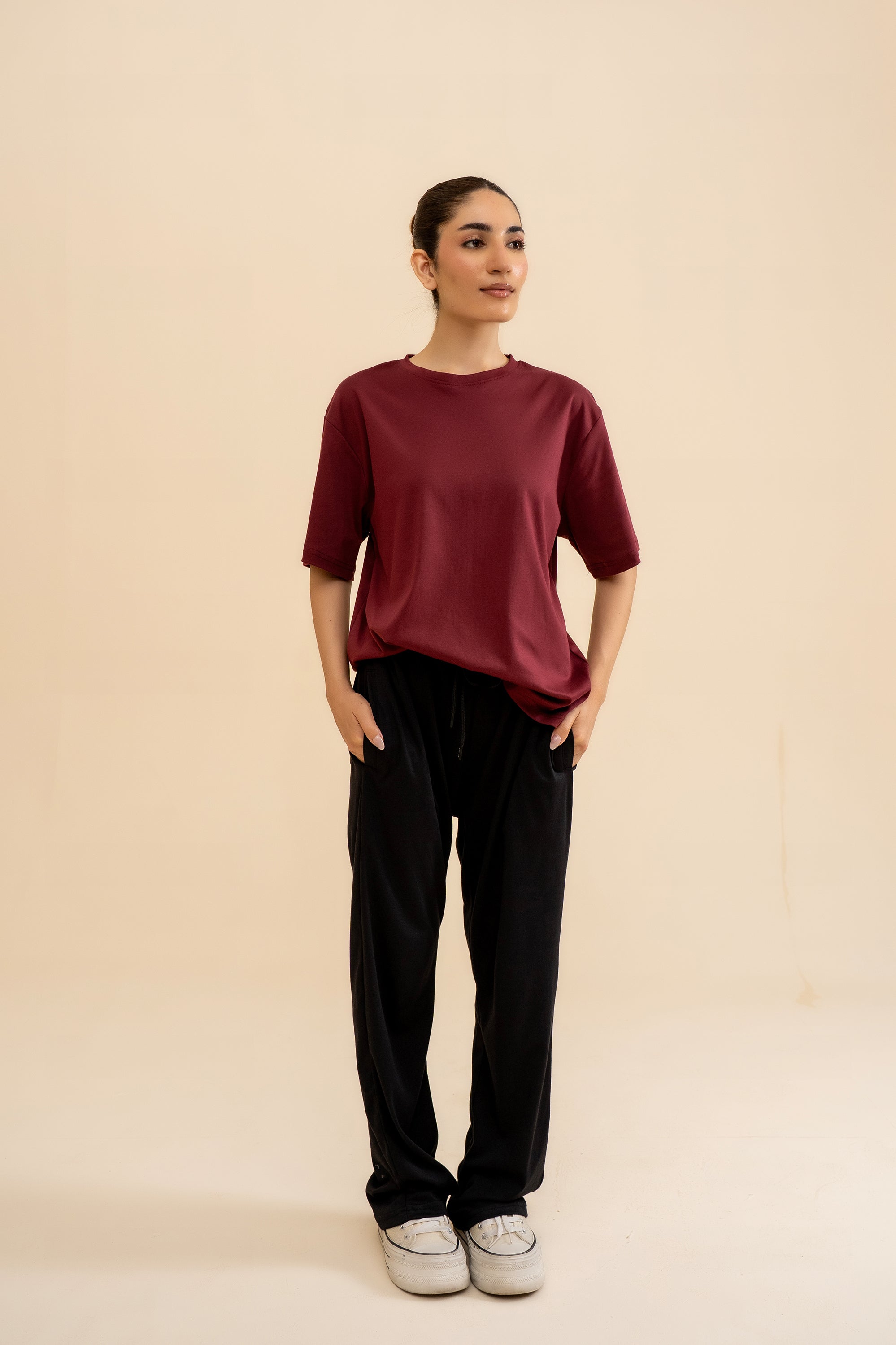 MEHROON INTERLOCK DOWN SHOULDER TEE Reality