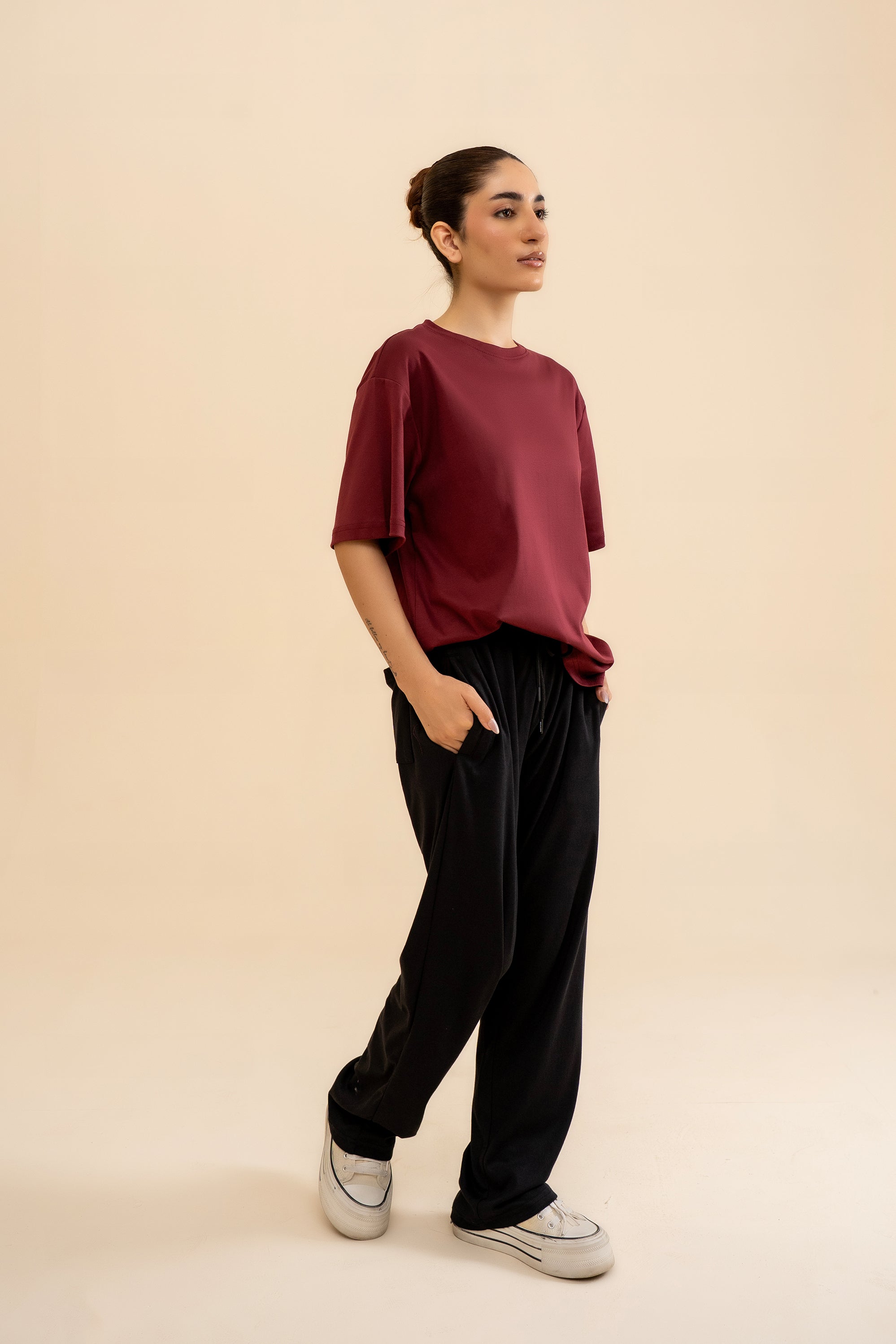 MEHROON INTERLOCK DOWN SHOULDER TEE Reality