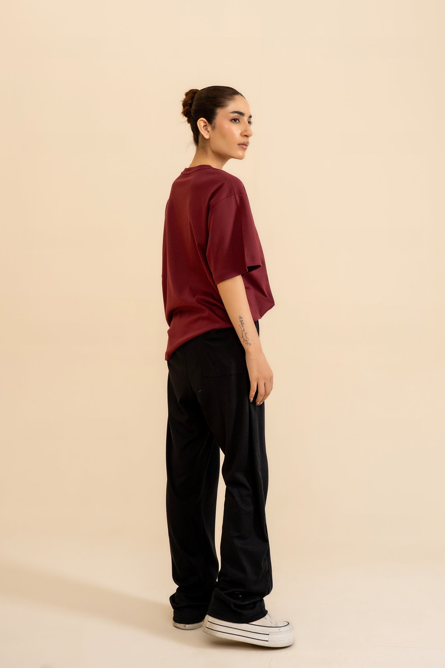MEHROON INTERLOCK DOWN SHOULDER TEE Reality