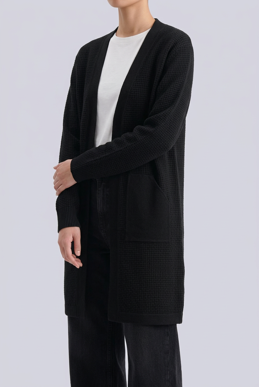 Black cardigan side pose