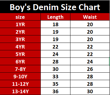 Boy's denim size chart with length and waist measurements.