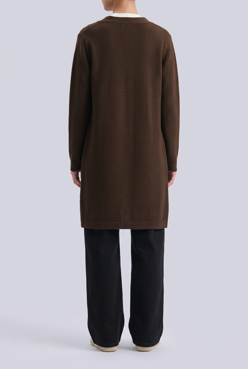 Brown cardigan back pose