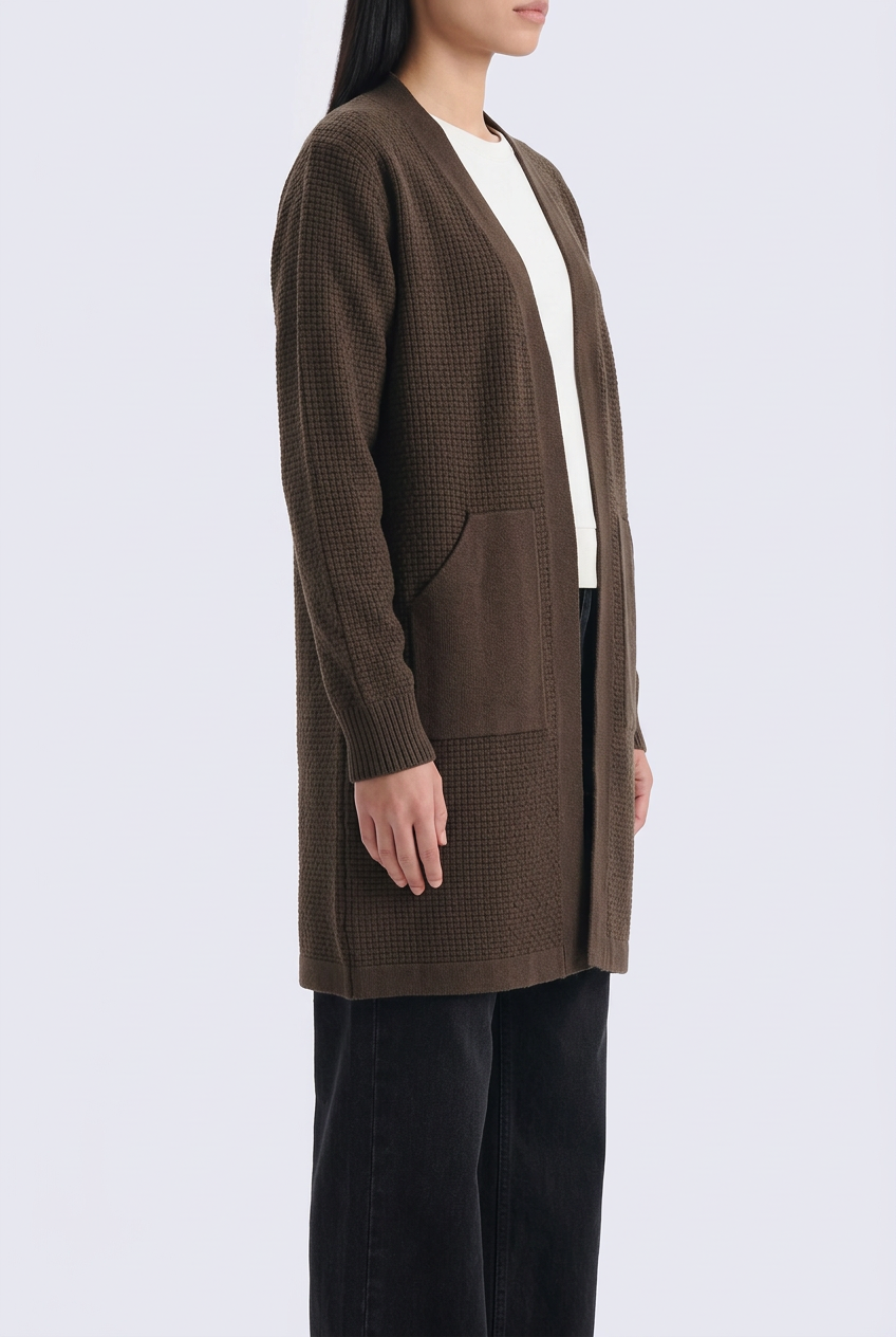 Brown cardigan side pose