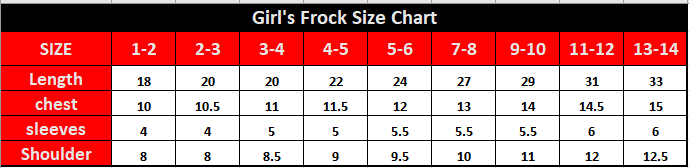 Girl's frock size chart with measurements for length, chest, sleeves, and shoulder.