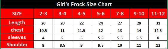 Girl's frock size chart with measurements for length, chest, sleeves, and shoulder.