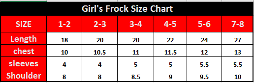 Girl's frock size chart with measurements for length, chest, sleeves, and shoulder.