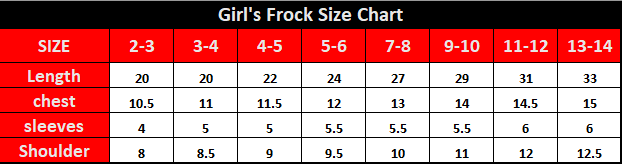 Girl's frock size chart with measurements for length, chest, sleeves, and shoulder.