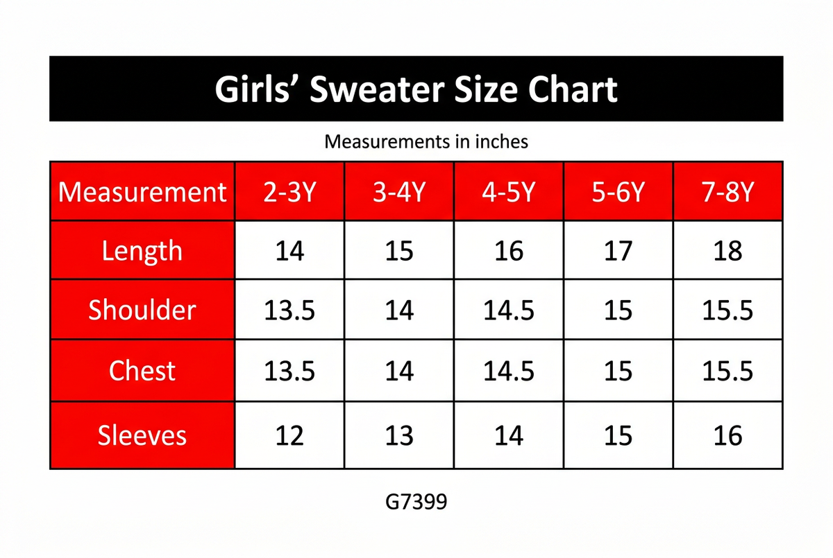 Corrected G7399 Girls' Sweater Size Chart