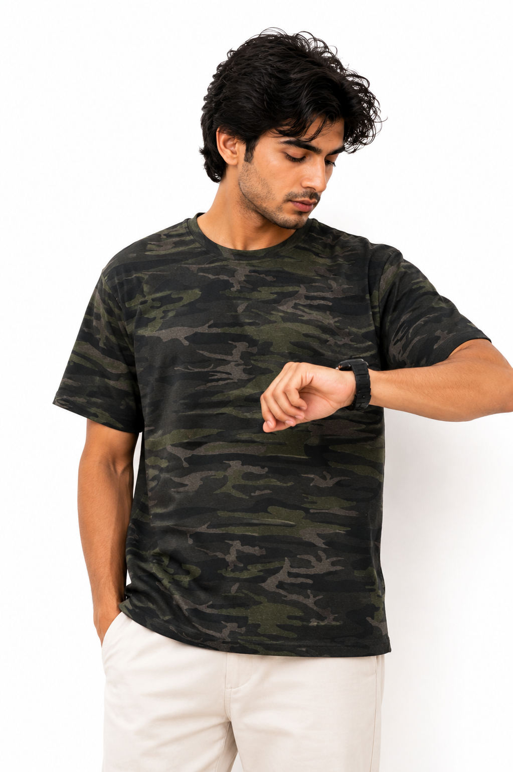 MEN ARMY GREEN DOWN SHOULDER T-SHIRT T-SHIRT Reality