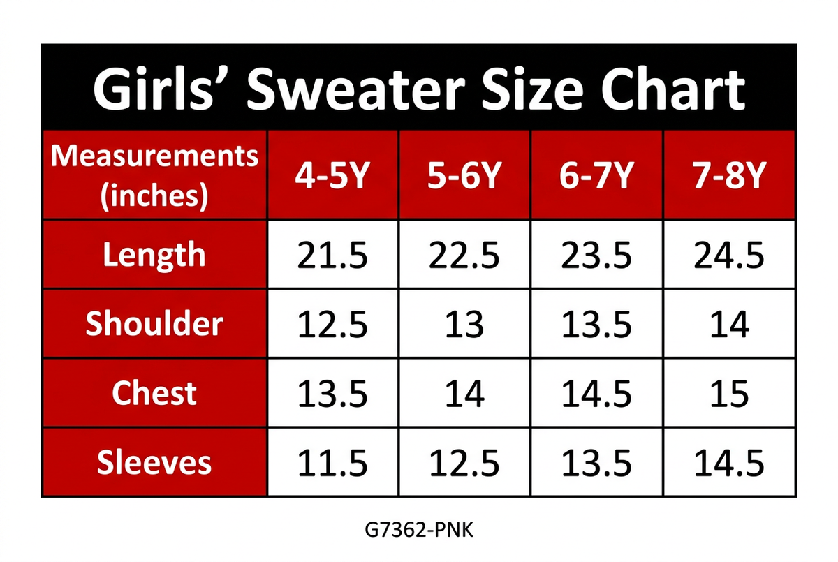 G7362-PNK size chart
