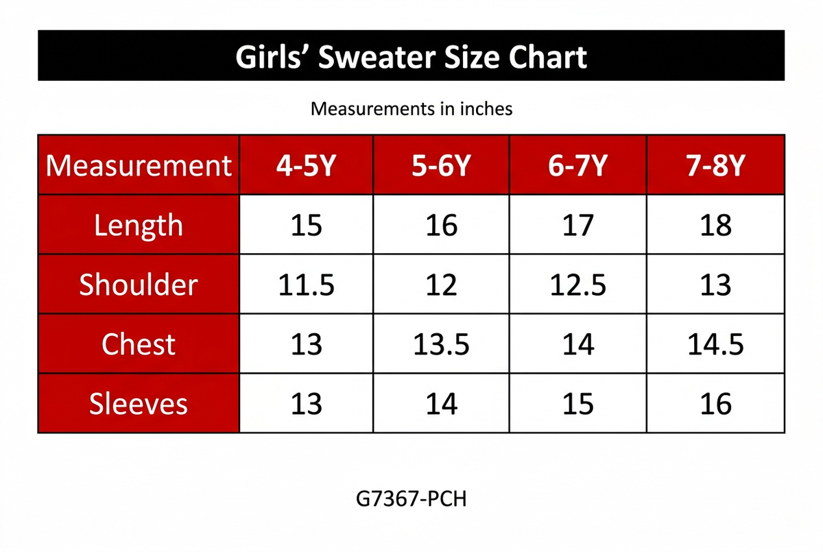 G7367 Girls’ Sweater Size Chart