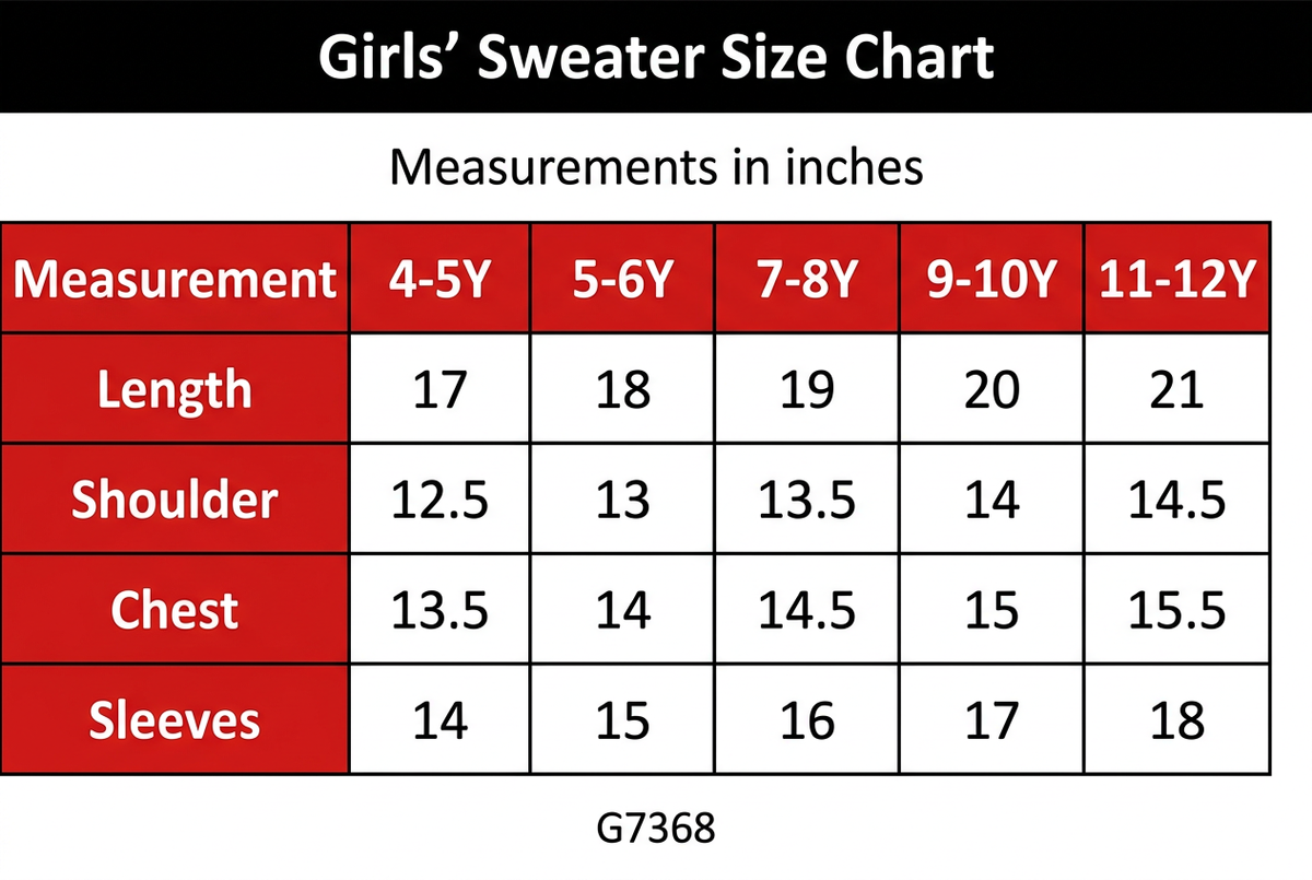 G7368 estimated sweater size chart