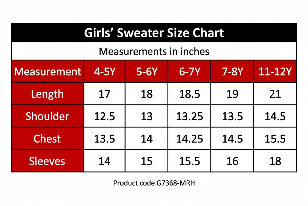 G7368 Mehroon Girls’ Sweater Size Chart