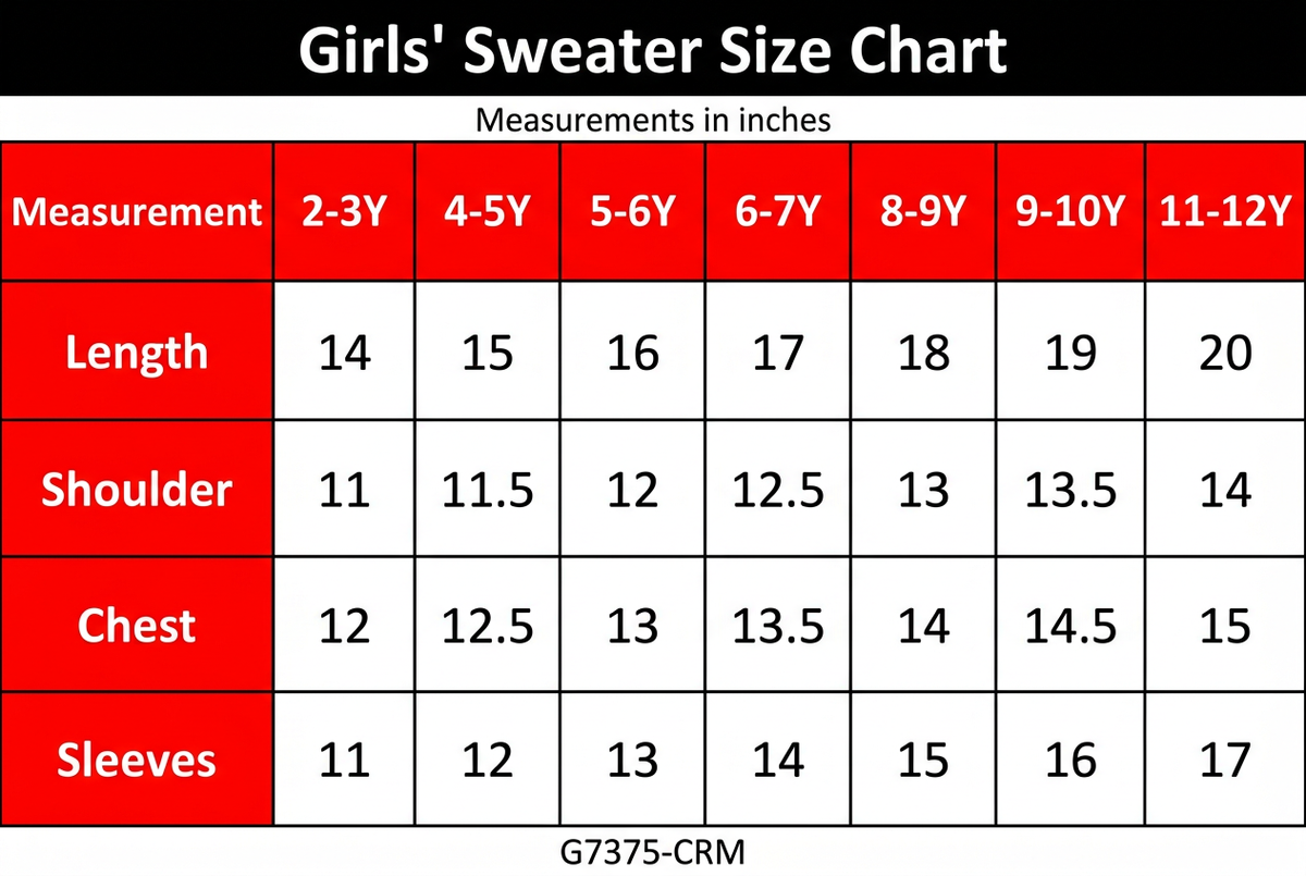 G7375 Cream Girls’ Sweater Size Chart