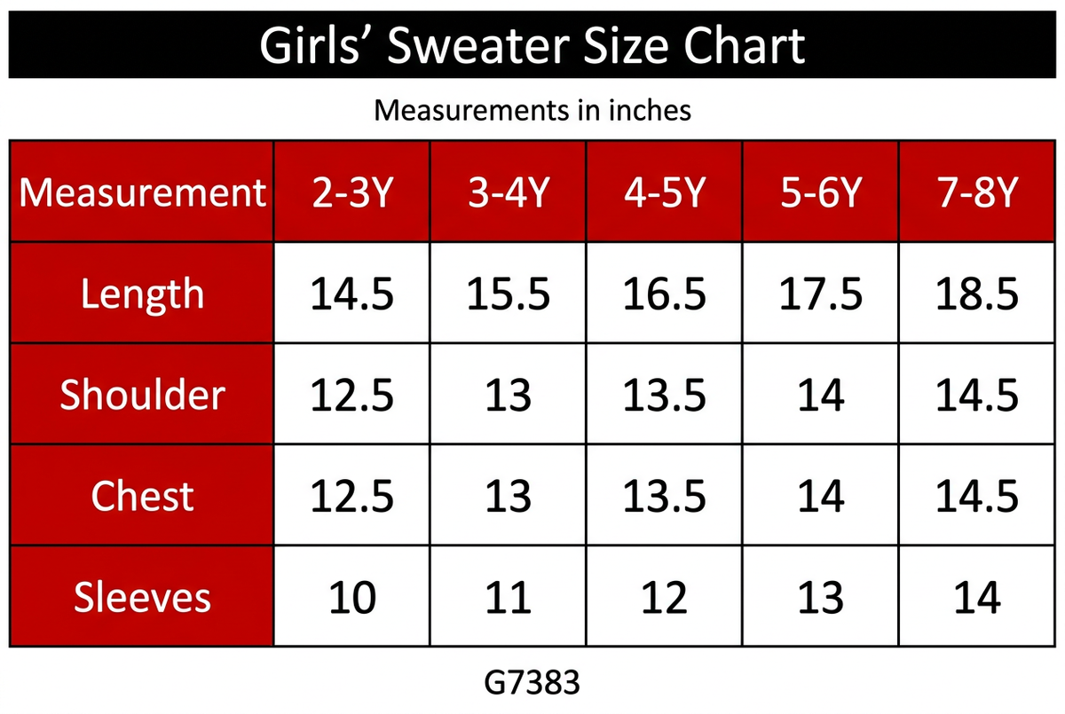 G7383 Girls' Sweater Size Chart