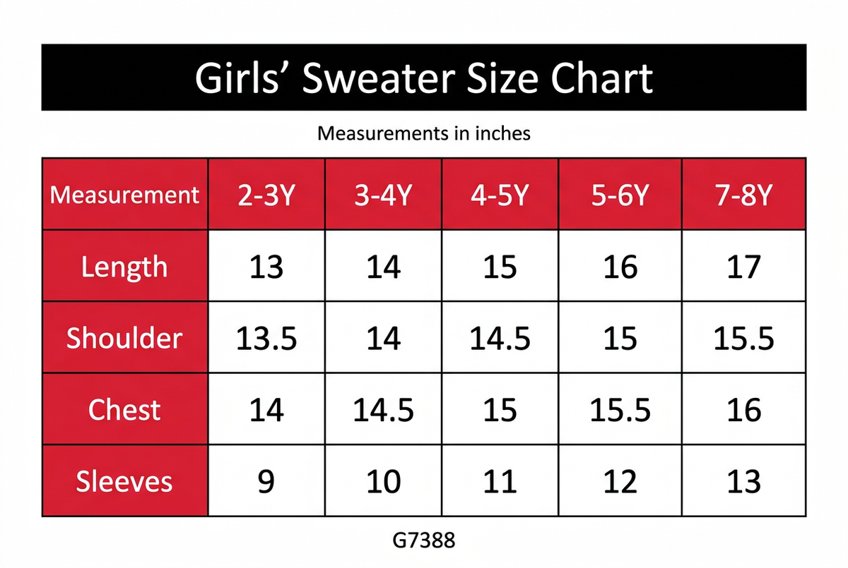 G7388 Girls' Sweater Size Chart