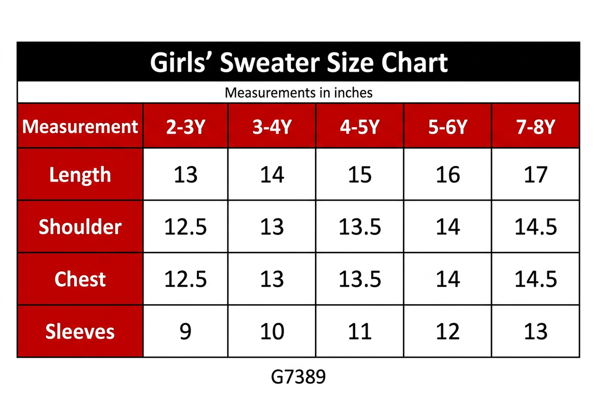 G7389 Girls' Sweater Size Chart