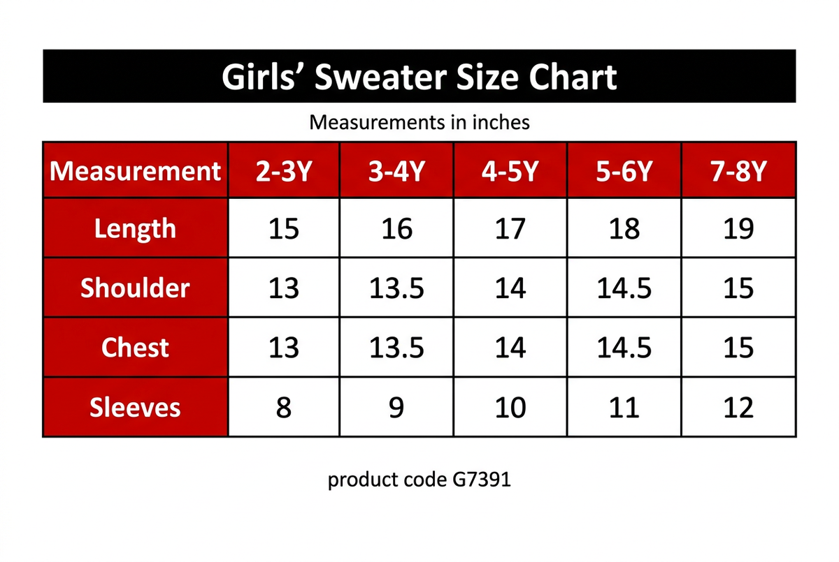 G7391 Girls' Sweater Size Chart