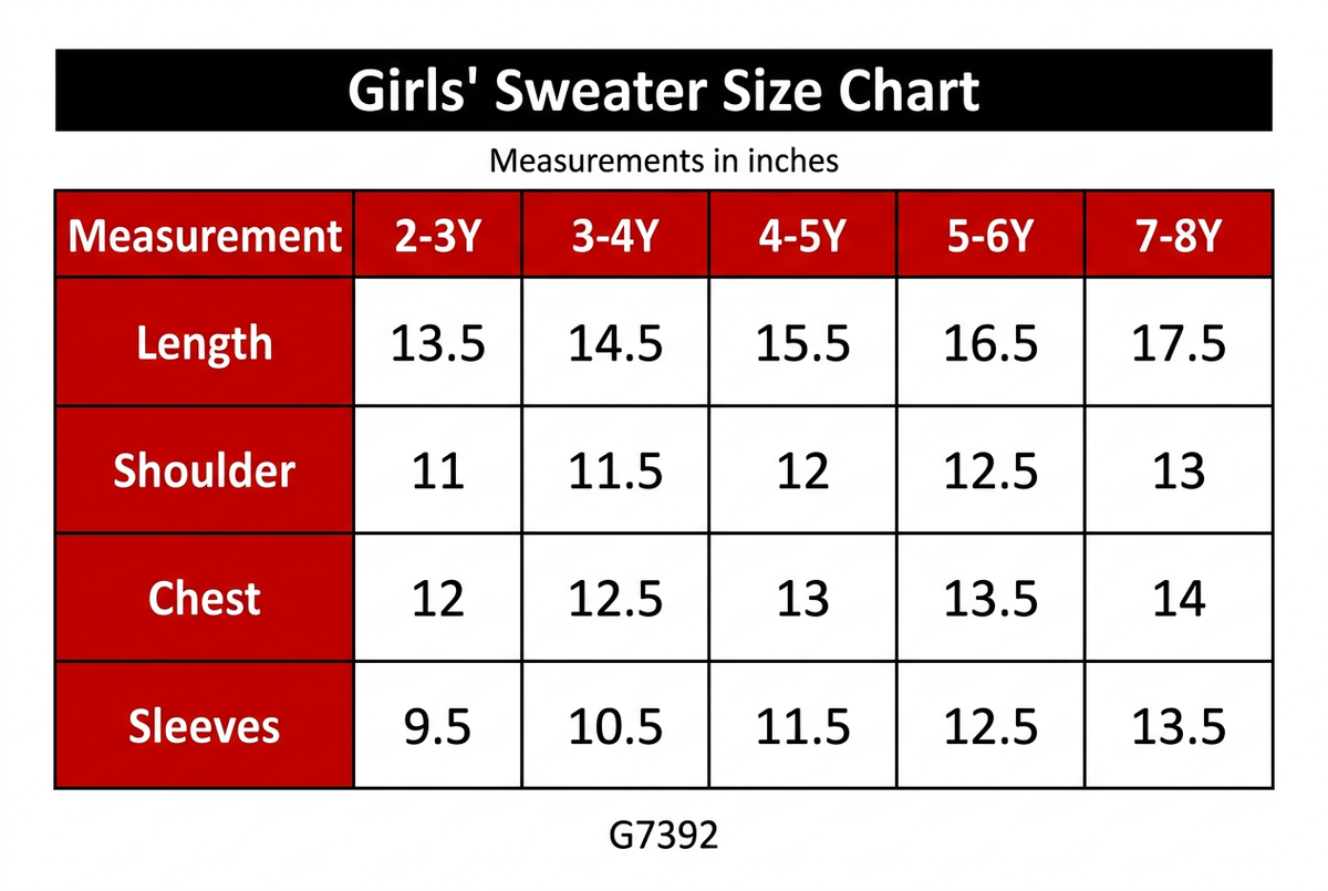 G7392 Girls' Sweater Size Chart