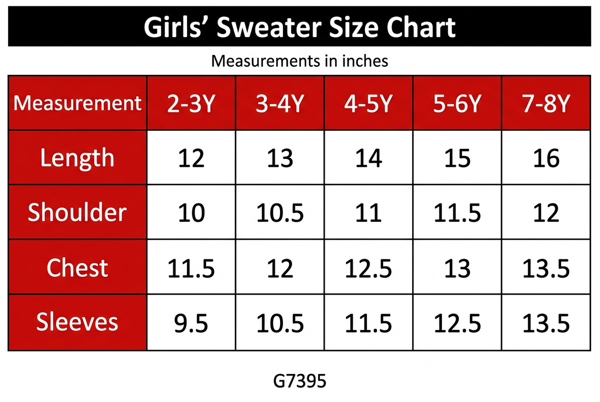 G7395 Girls' Sweater Size Chart