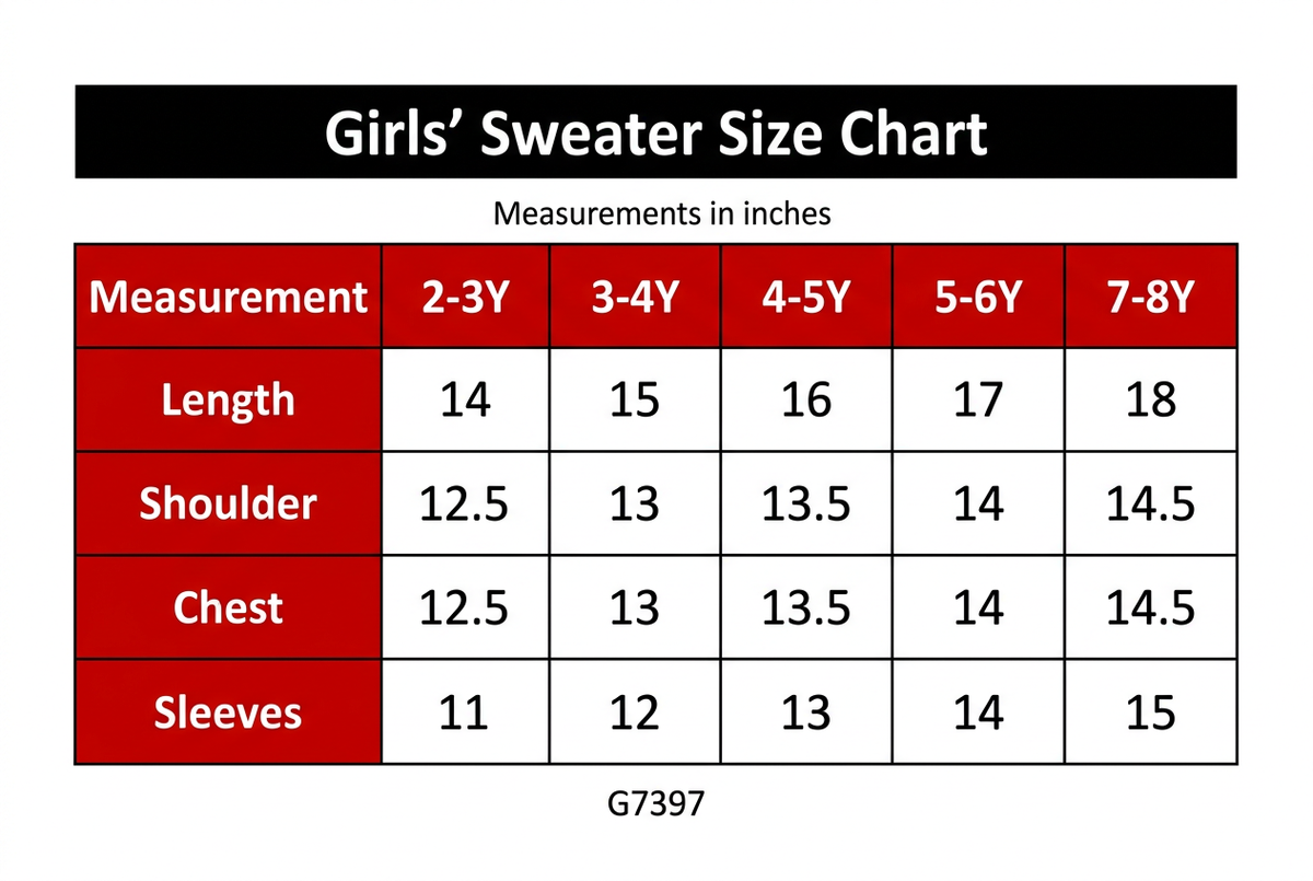 G7397 Girls' Sweater Size Chart