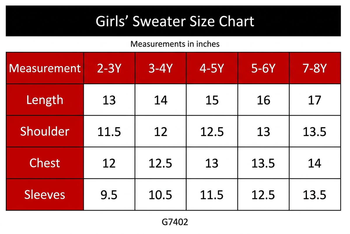 G7402 Girls' Sweater Size Chart