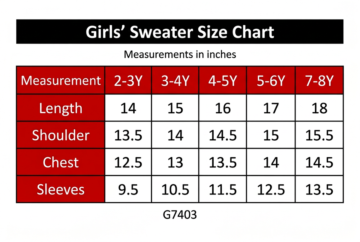 G7403 size chart without footer note