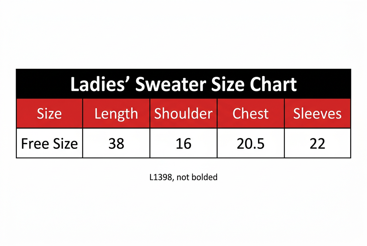 L1398 Ladies’ Sweater Size Chart