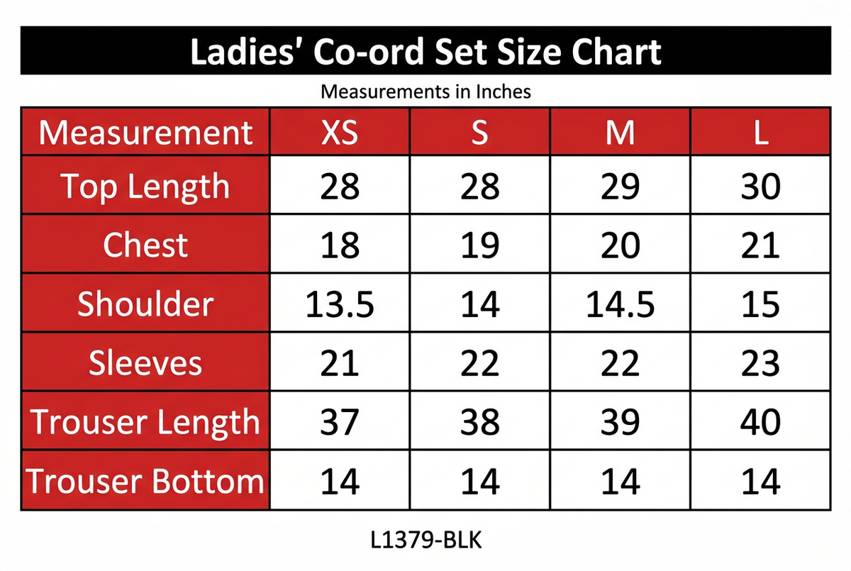 Ladies’ Co-ord Set Size Chart L1379-BLK