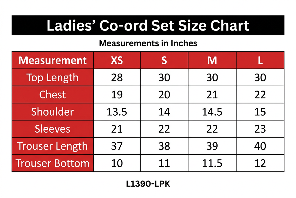 Ladies’ Co-ord Set Size Chart L1390-LPK