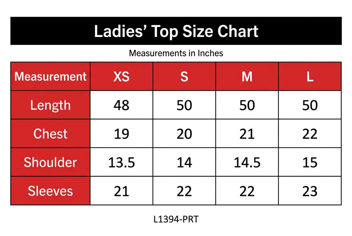 Ladies’ Top Size Chart L1394-PRT