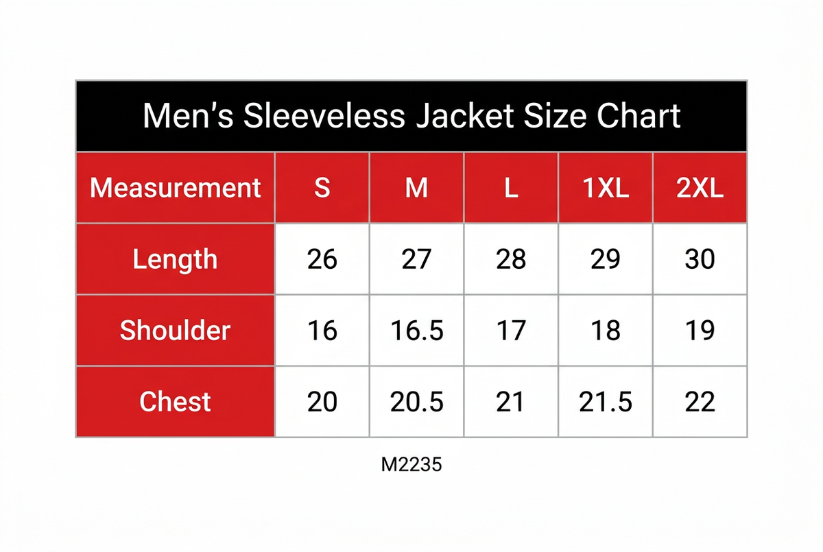 M2235 sleeveless jacket size chart