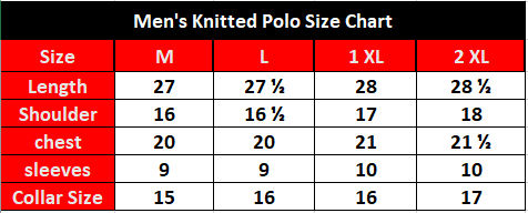 Men's knitted polo size chart with measurements in centimeters.