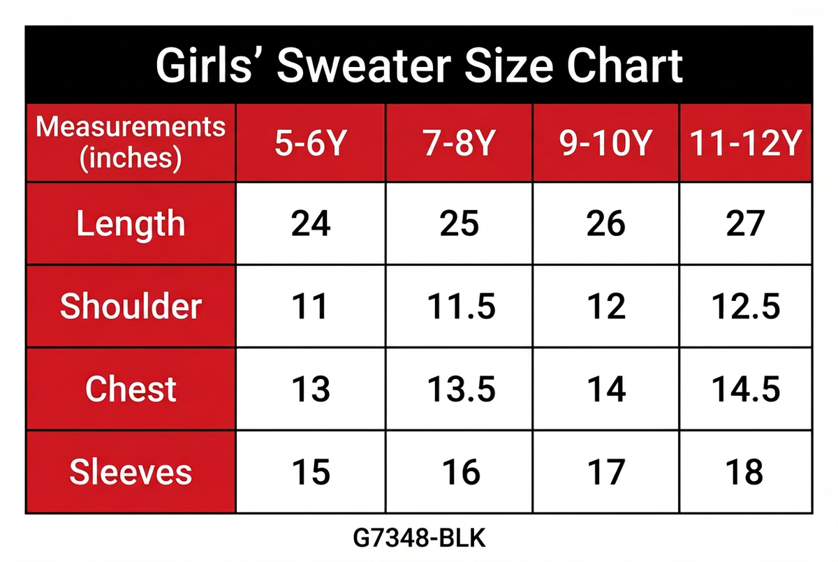 Original-style G7348-BLK size chart