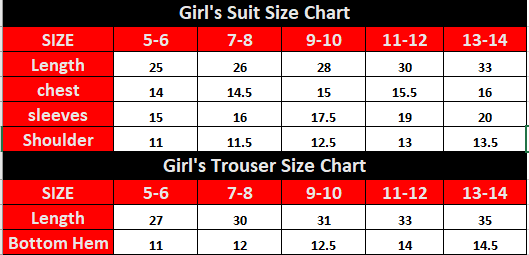 Size chart for girls' suits and trousers with measurements in inches.