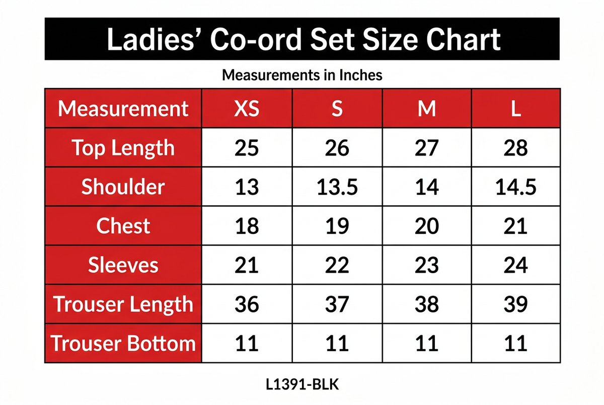 Updated L1391-BLK size chart